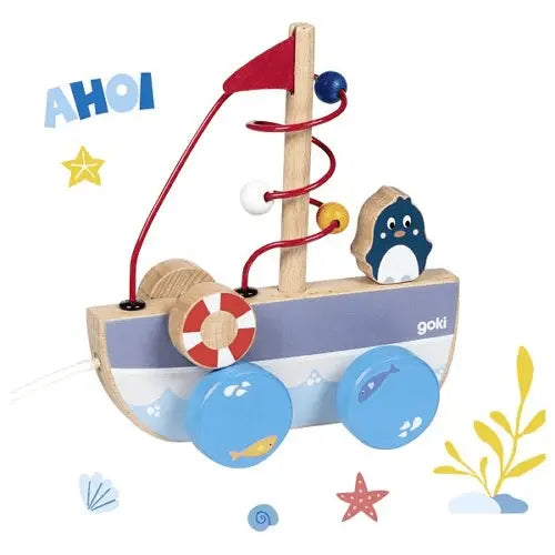 Ziehschiff aus Holz mit Motorikschleife als Nachziehspielzeug für Kinder ab 1 Jahr mit maritimem Design