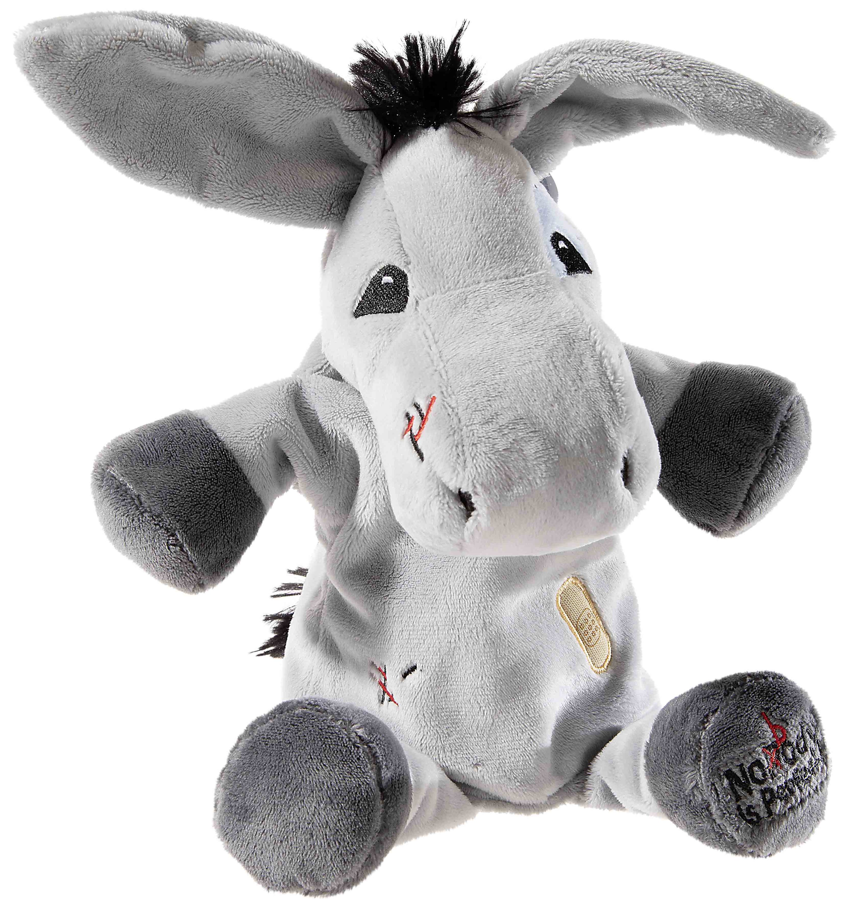Handpuppe Esel Murphy aus weichem Plüsch für Babys und Kinder, graues Kuscheltier für Rollenspiele und Fantasieentwicklung