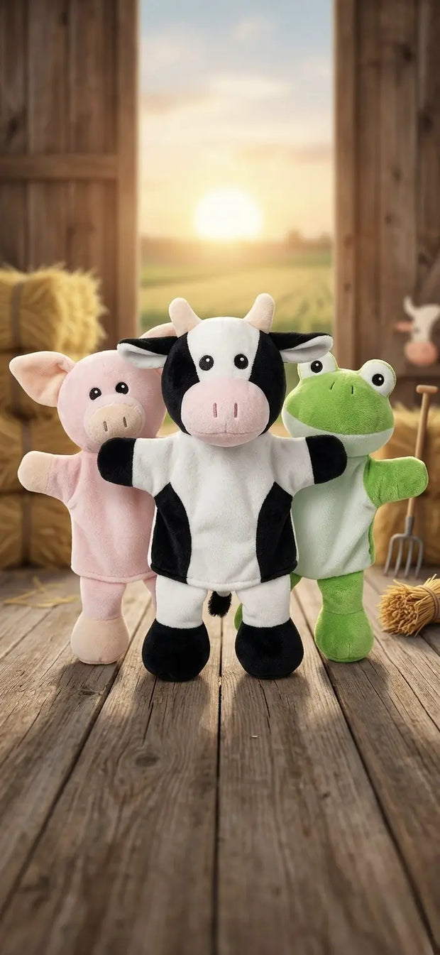 Handpuppen mit Kuh, Schwein und Frosch im Bauernhofdesign für Babys und Kinder – weiche Spiel- und Geschenkidee