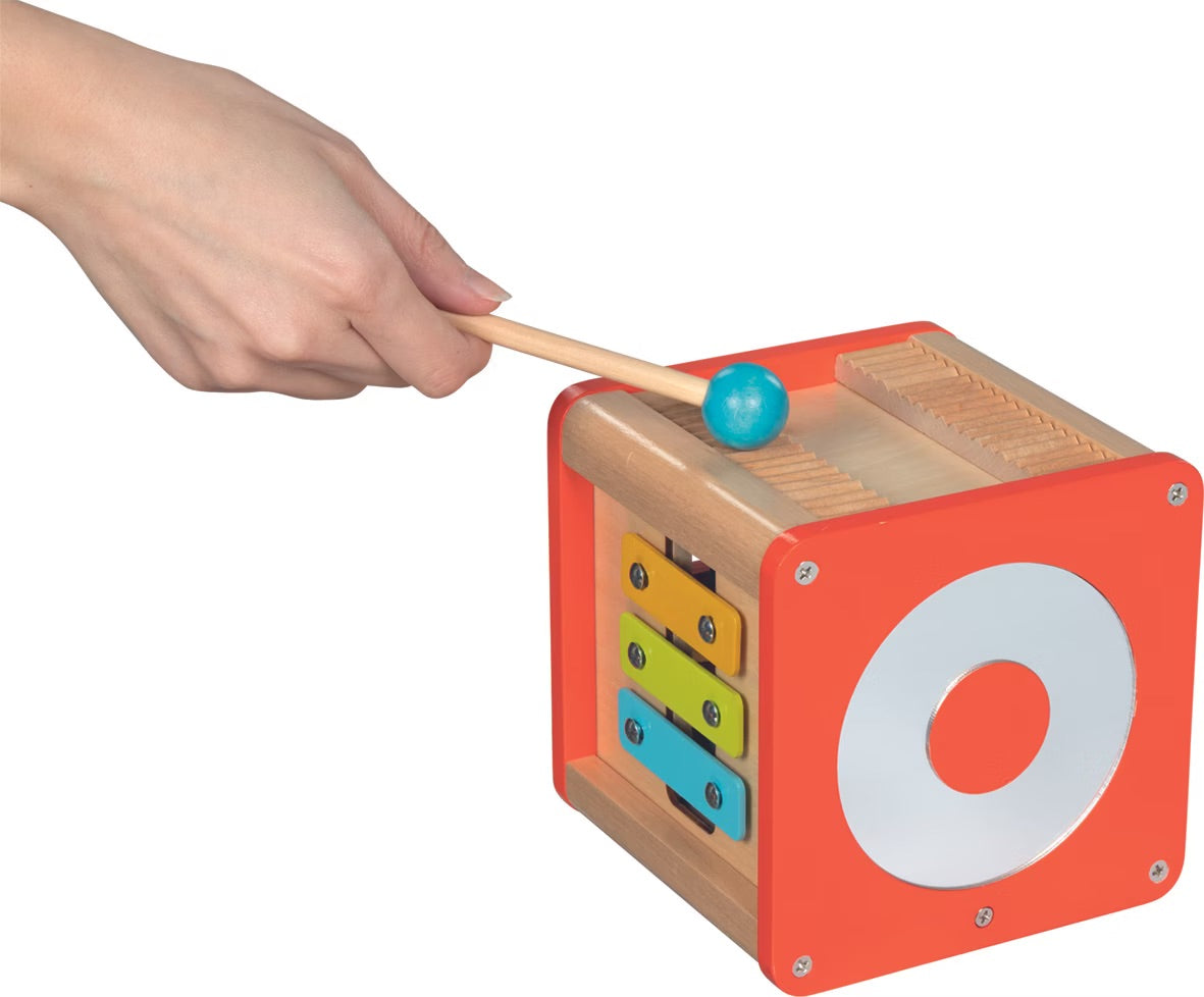 Holz Motorikwürfel mit Xylophon und Schlagspielzeug zur Förderung der Motorik bei Babys und Kleinkindern
