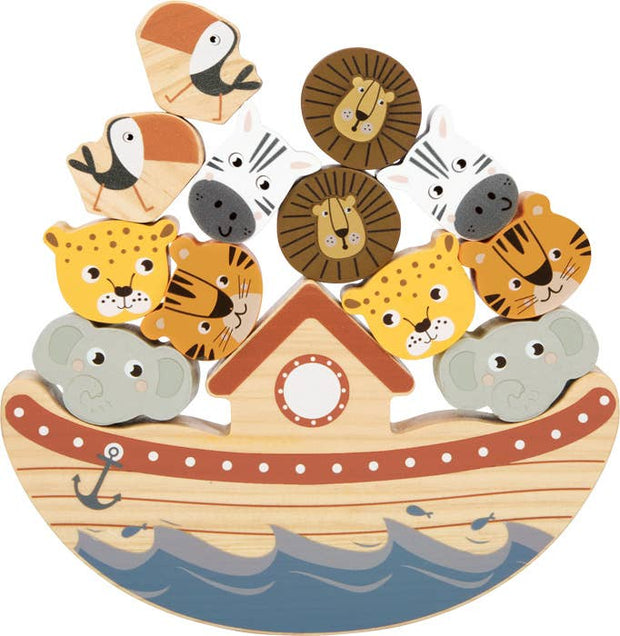 Holzspielzeug Arche Noah Balancierspiel mit Tierfiguren wie Löwe, Zebra, Elefant und Vogel, fördert Motorik und Gleichgewicht bei Kindern