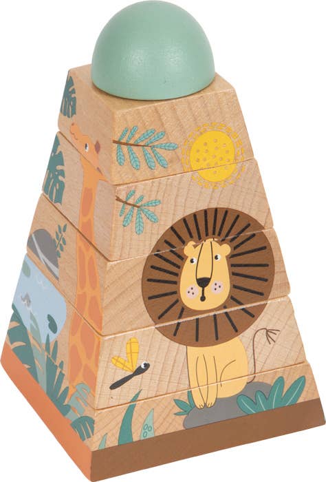 Holzspielzeug Stapelspiel Pyramide mit Löwenmotiv, fördert Motorik und Koordination bei Babys und Kleinkindern