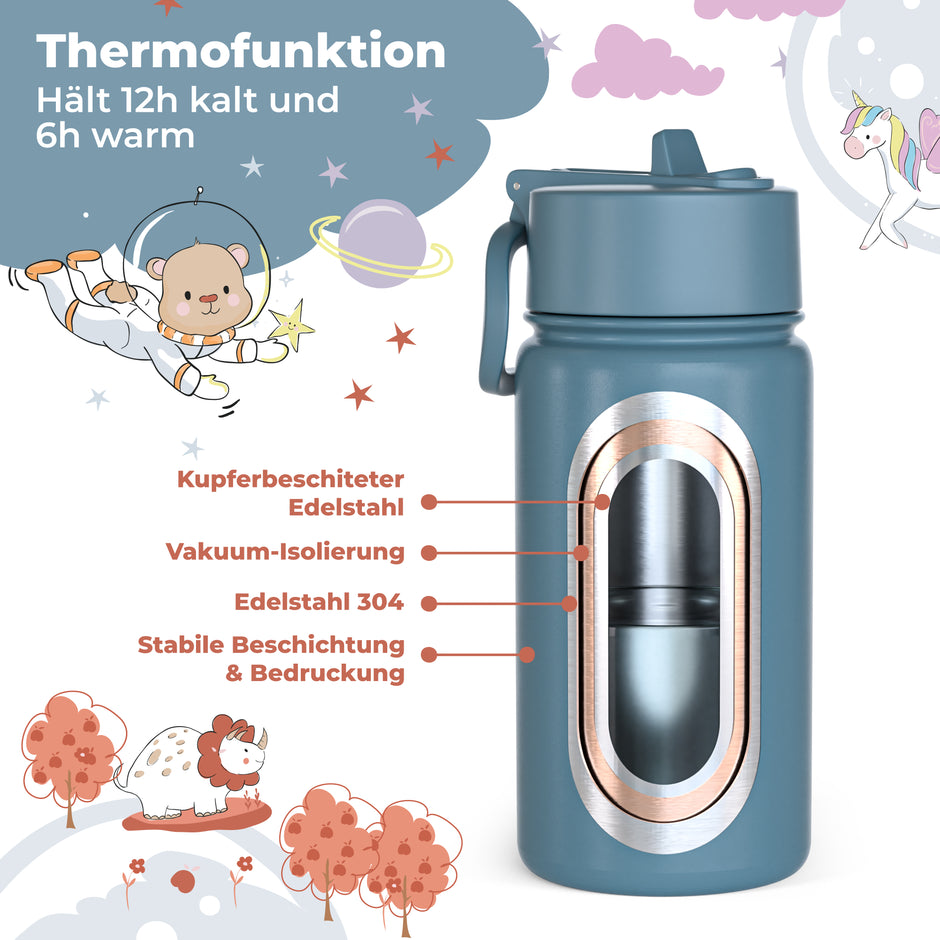 Blaue isolierte Kinder-Trinkflasche aus Edelstahl mit Thermofunktion, hält Getränke bis zu 12 Stunden kalt und 6 Stunden warm – ideal für Kindergarten, Schule und unterwegs