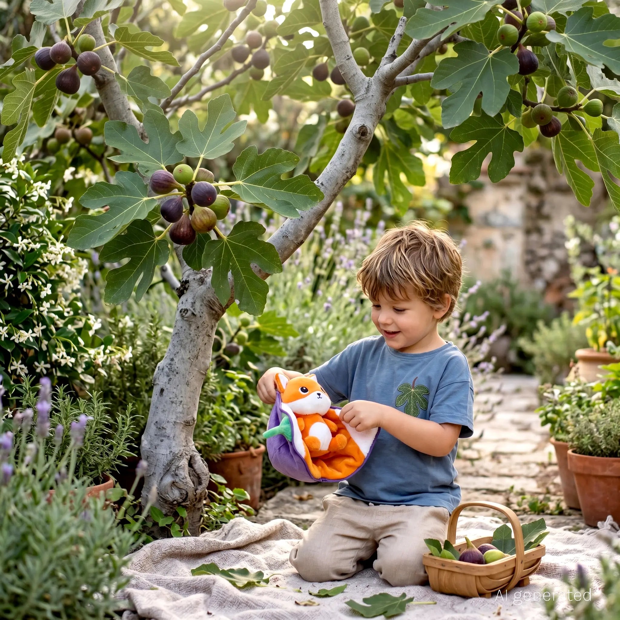 Kind spielt im Garten mit einem wandelbaren 2-in-1 Fuchs Kuscheltier in Feigenform
