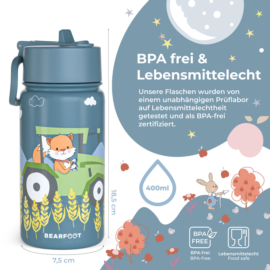 Blaue Kinder-Trinkflasche aus Edelstahl mit Traktor-Motiv, BPA-frei und lebensmittelecht, 400 ml Fassungsvermögen – ideal für Kindergarten, Schule und unterwegs