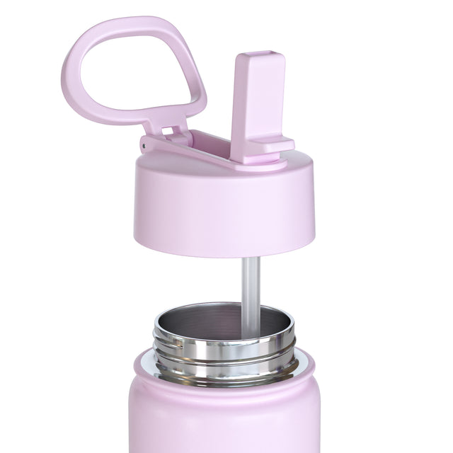 Geöffneter Deckel einer rosa Kinder-Trinkflasche mit integriertem Trinkhalm und Edelstahl-Innengewinde