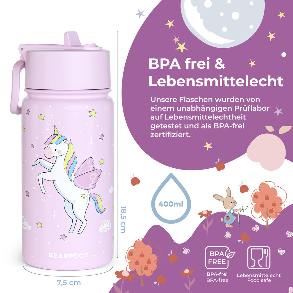 Rosa Kinder-Trinkflasche mit Einhorn-Motiv aus BPA-freiem, lebensmittelechtem Material – 400 ml Edelstahlflasche für Kindergarten, Schule und unterwegs