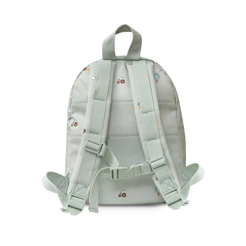 Rückansicht des mintgrünen Kinderrucksacks mit Bauernhof-Motiv, verstellbaren Schultergurten und Brustgurt für Kindergarten und Kita.