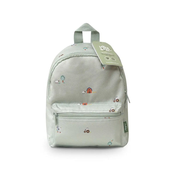 Mintgrüner Kinderrucksack mit Bauernhof-Motiv in Vorderansicht – ideal für Kindergarten, Kita und Ausflüge.