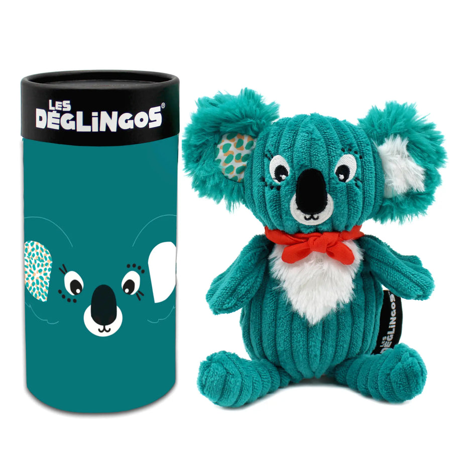 Türkises Koala Kuscheltier mit roter Schleife neben passender Geschenkbox von Les Déglingos