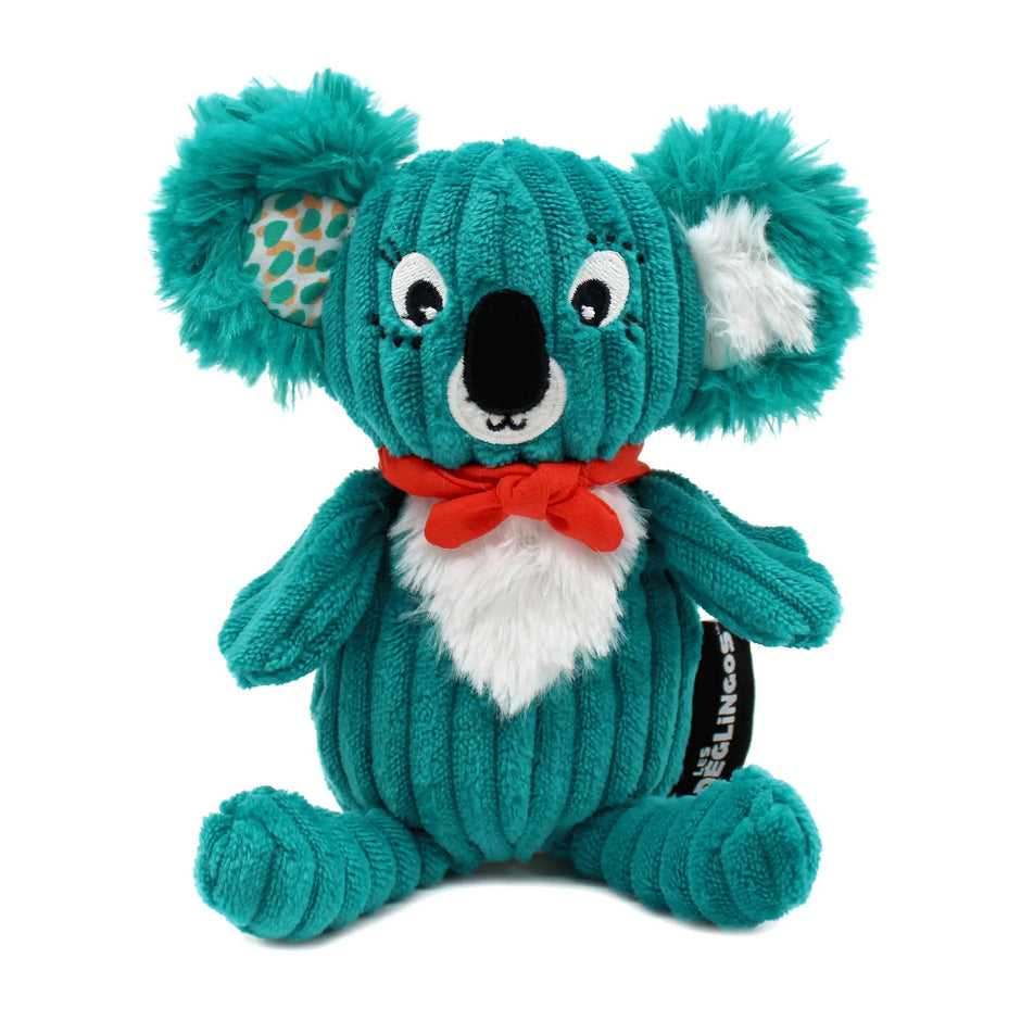 Türkises Koala Kuscheltier aus weichem Cordstoff mit flauschigen Ohren und roter Schleife