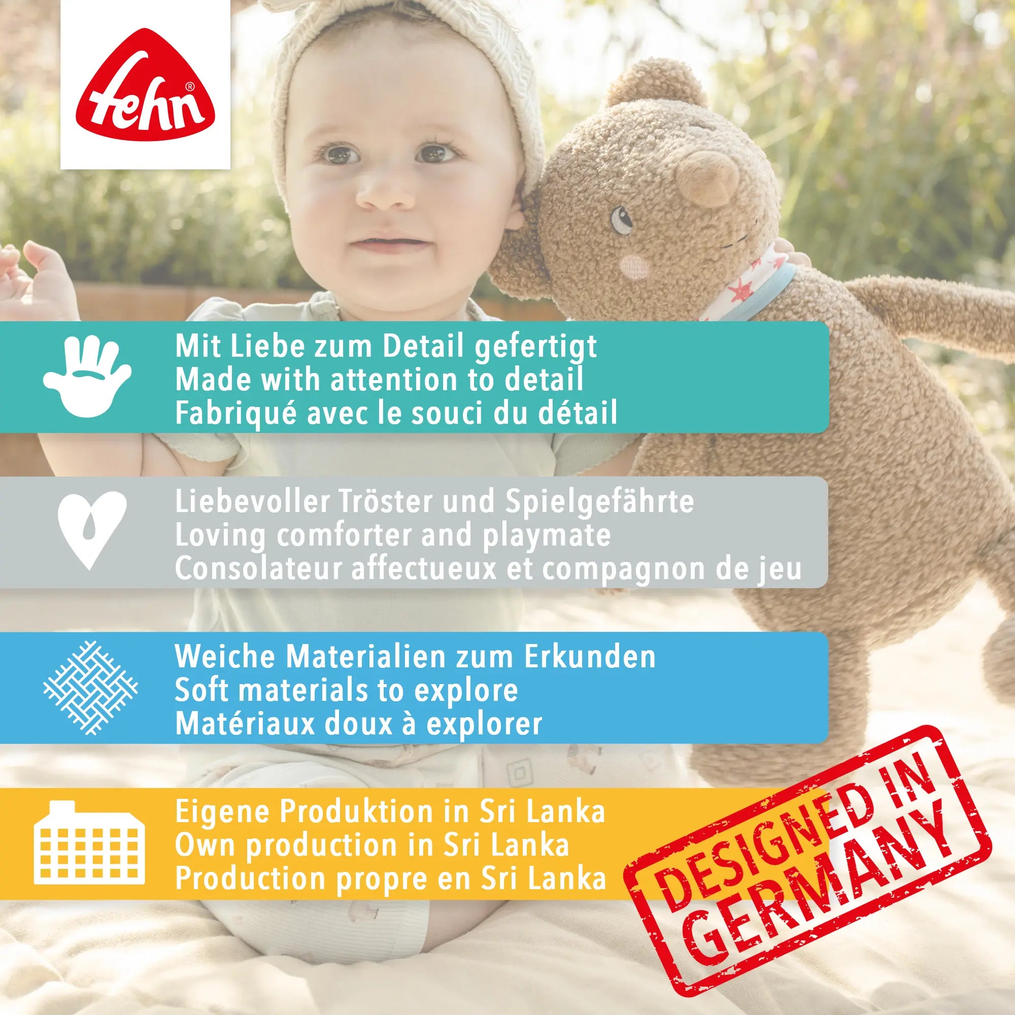 Baby mit Kuscheltier Capybara Fehn Hello Little One – weiches Plüschtier als Tröster und Spielgefährte
