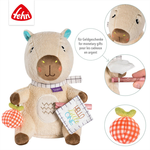 Kuscheltier Baby Capybara Fehn Hello Little One – Plüschtier mit Geldgeschenk-Fach und Greifelementen