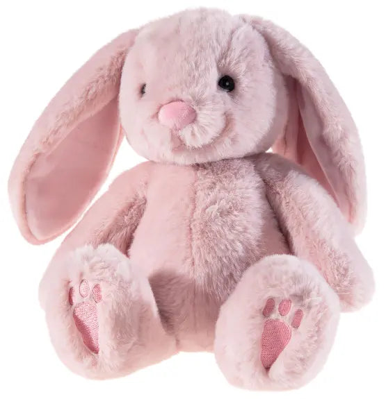 Rosa Kuscheltier Hase mit langen Ohren aus weichem Plüsch, sitzend mit sichtbaren Pfoten, geeignet für Babys und Kleinkinder