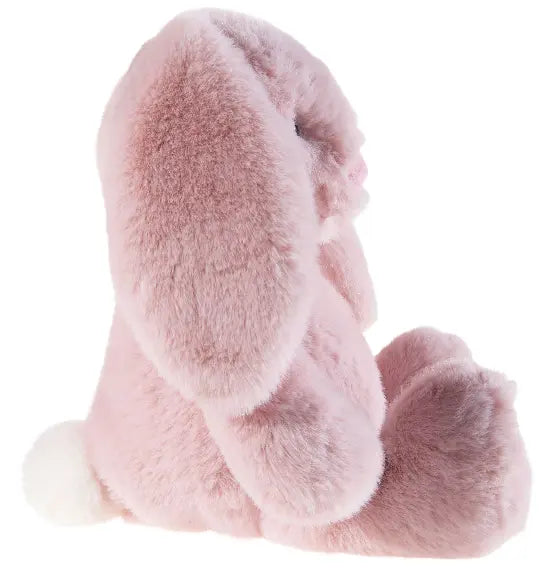 Rosa Kuscheltier Hase in Seitenansicht mit langen Ohren aus weichem Plüsch, sitzend, für Babys und Kleinkinder geeignet