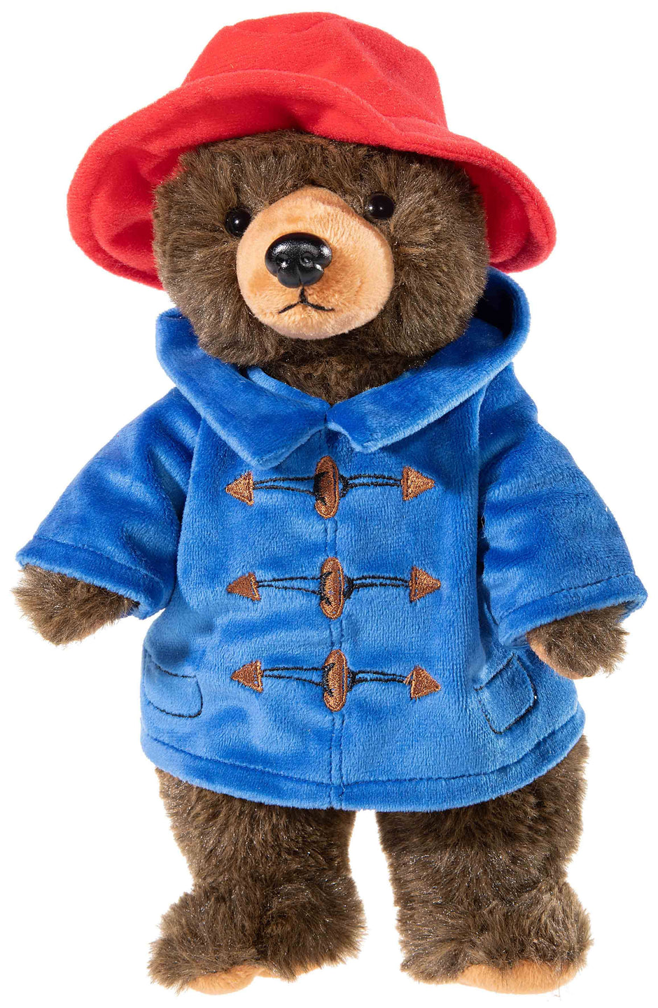 Paddington Bär Kuscheltier stehend mit rotem Hut und blauem Mantel aus weichem Plüsch