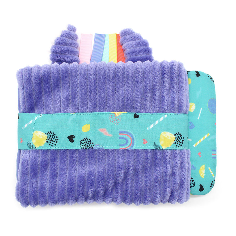 Les Deglingos Baby Fotoalbum Zebra Kiprokos Rückseite – weiches Stoff-Fotoalbum für Babys mit buntem Band