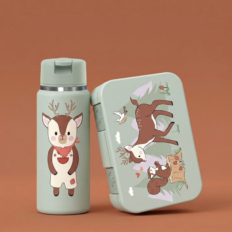 Lunchbox und Thermo Trinkflasche Kinder Set Reh mit 650 ml Brotdose und 200 ml Edelstahlflasche