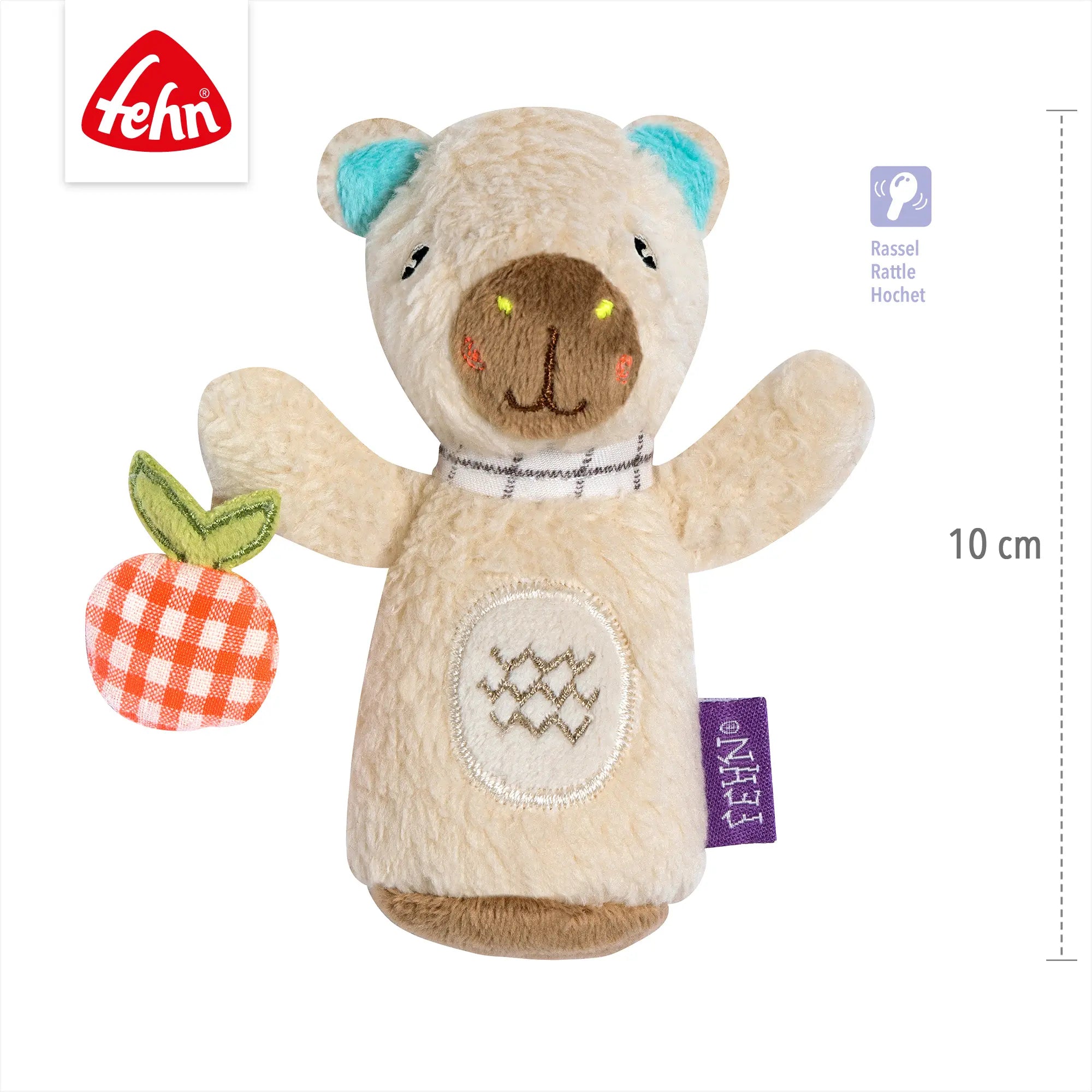 Mini Rassel Capybara aus Plüsch mit integrierter Rassel, Größe 10 cm, Babyspielzeug zum Greifen und Spielen ab 0 Monaten