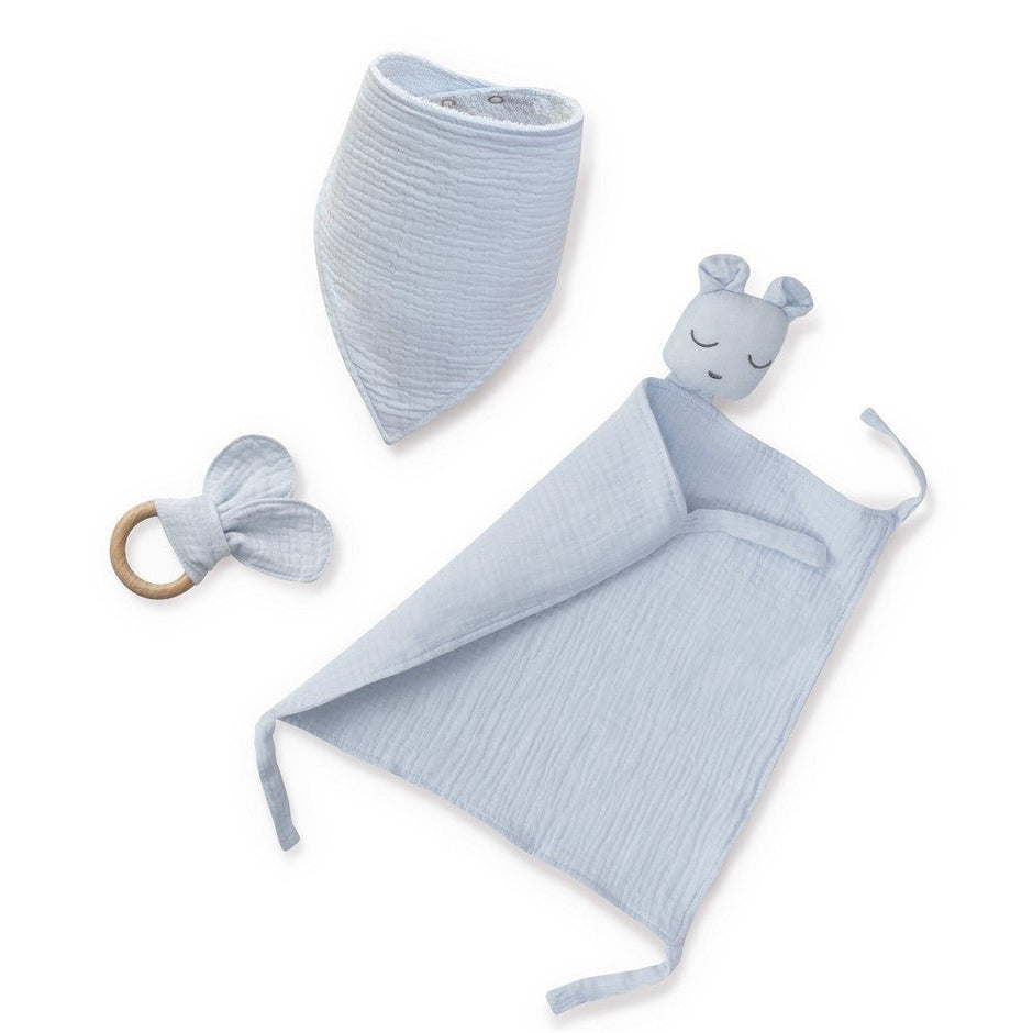 Baby Geschenkset 3-teilig in Blau – Schnuffeltuch, Lätzchen und Beißring aus Musselin