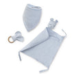 Baby Geschenkset 3-teilig in Blau – Schnuffeltuch, Lätzchen und Beißring aus Musselin