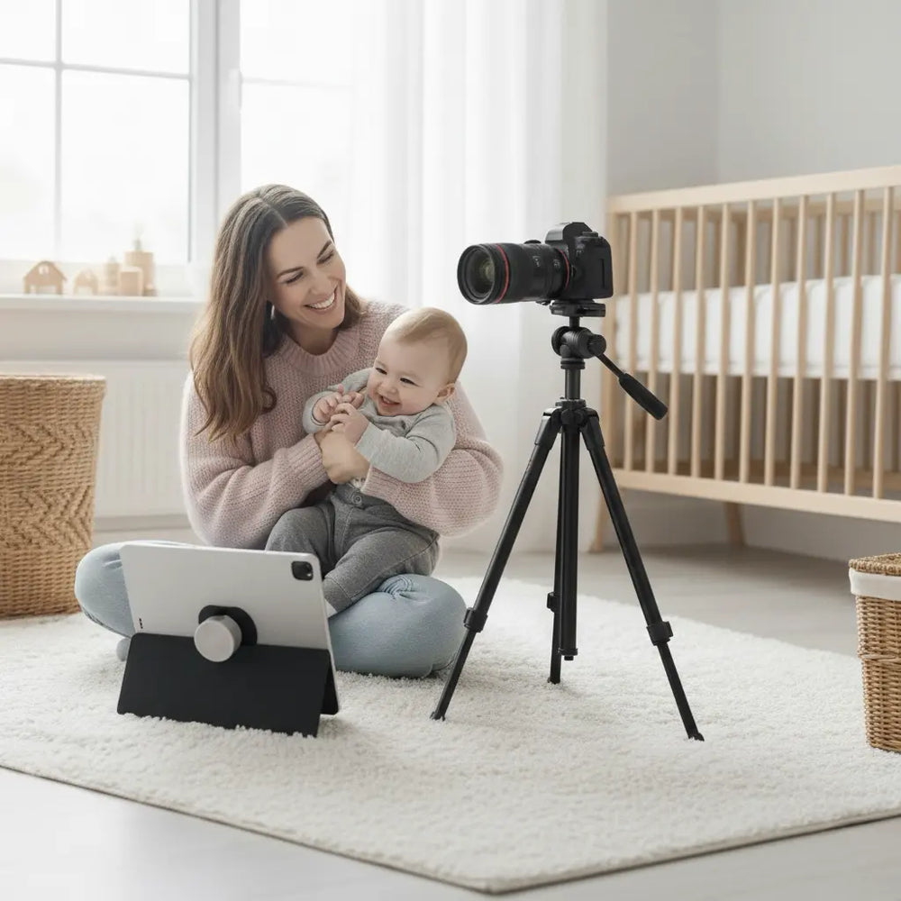 Eine lächelnde Mutter hält ihr Baby im Kinderzimmer, während sie mit einer Profi-Kamera auf einem Stativ und einem Tablet Fotos oder Videos aufnimmt.