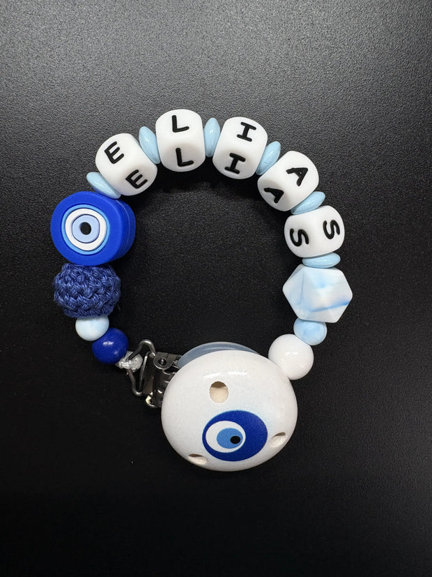 Personalisierte Schnullerkette mit Bösem Auge und Namen Elias in Blau Weiß