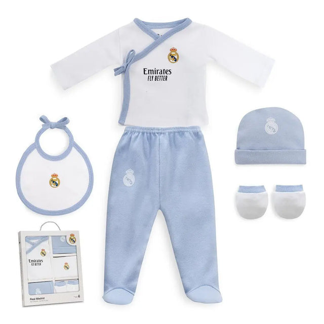 Real Madrid Baby Erstausstattungs Set 5 teilig blau Strampler Hose Mütze Lätzchen Socken