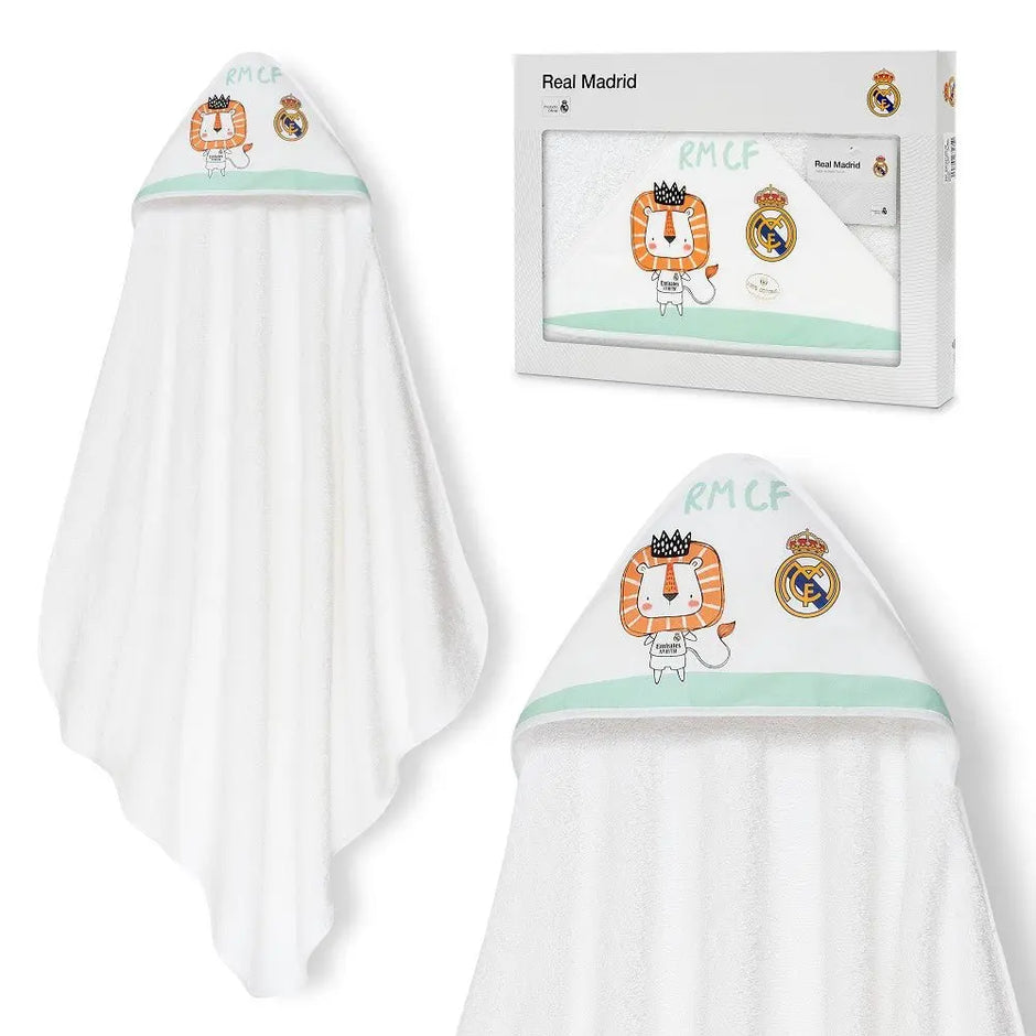 Real Madrid Baby Kapuzenhandtuch Löwe weiß mit Kapuze und Motiv