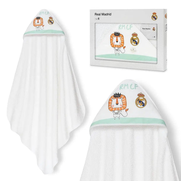 Real Madrid Baby Kapuzenhandtuch Löwe weiß mit Kapuze und Motiv