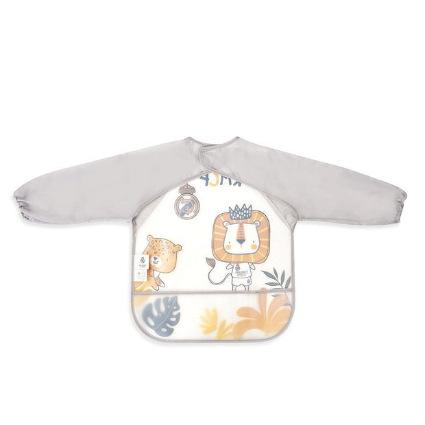 Real Madrid Baby Lätzchen mit Ärmeln – Grau mit Löwen - Motiv, wasserdicht - Babylions