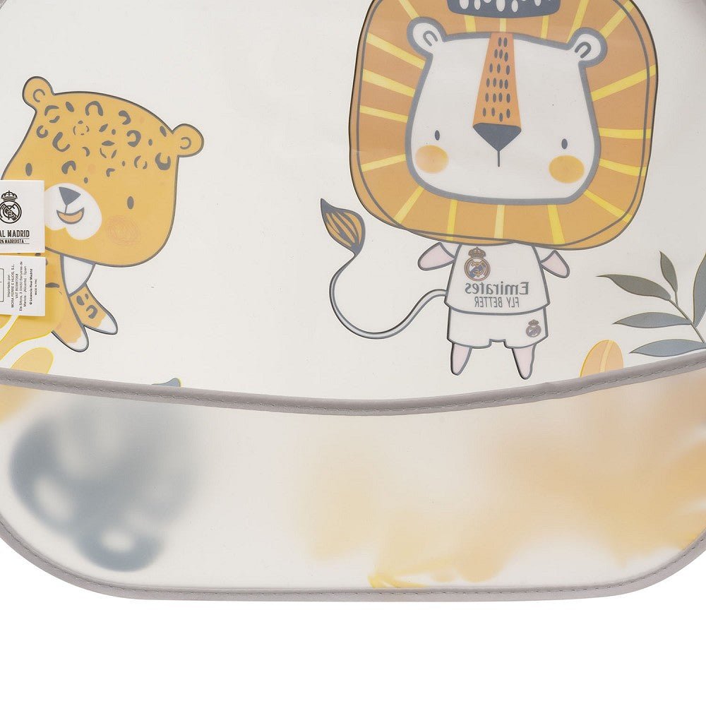 Real Madrid Baby Lätzchen mit Ärmeln – Grau mit Löwen - Motiv, wasserdicht - Babylions