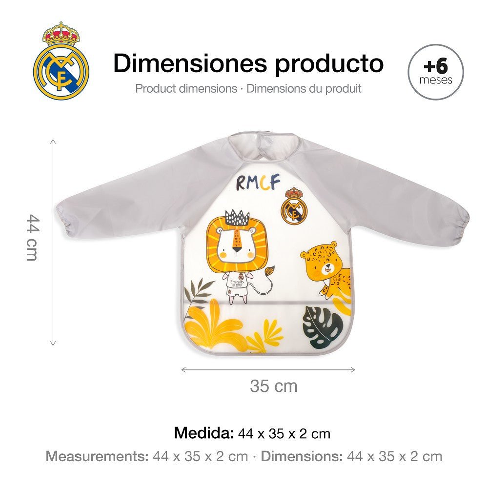 Real Madrid Baby Lätzchen mit Ärmeln – Grau mit Löwen - Motiv, wasserdicht - Babylions