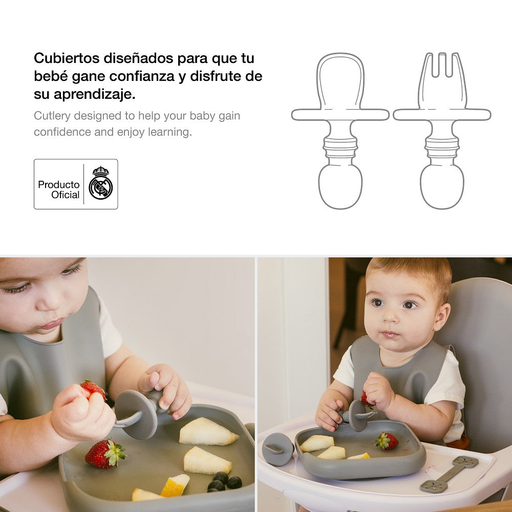 Real Madrid Baby Lernbesteck aus Silikon für Babys beim selbstständigen Essen lernen mit ergonomischem Griff BPA frei
