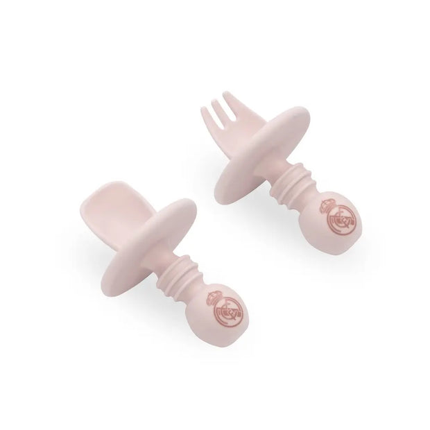 Baby Lernbesteck aus Silikon rosa Real Madrid Löffel und Gabel mit Anti Verschluck Ring für Kleinkinder
