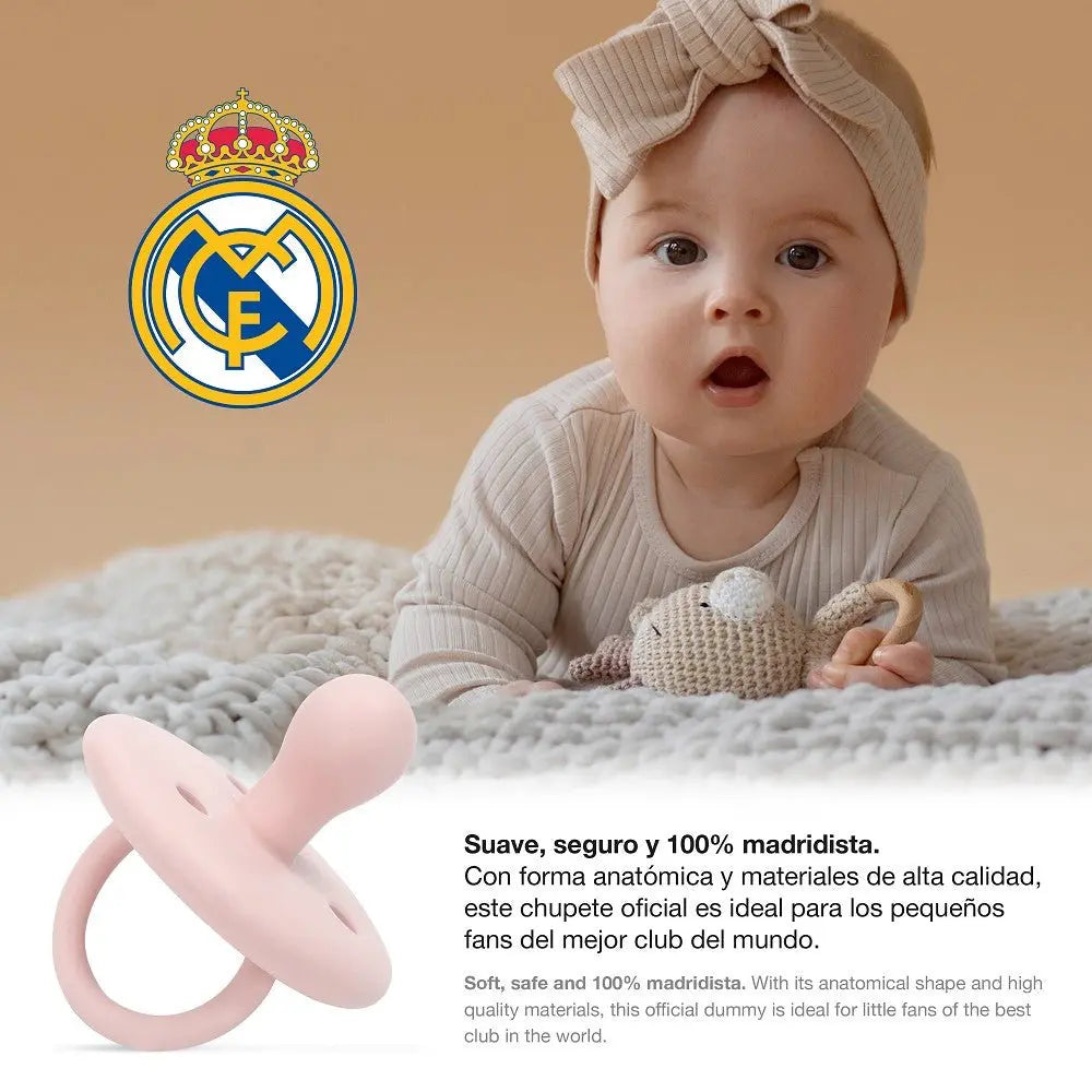 Rosa Silikon Schnuller Real Madrid im Einsatz bei Baby BPA-frei ergonomisch