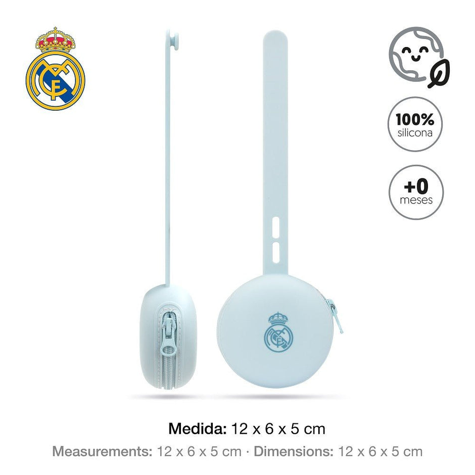 Real Madrid Schnullerhalter aus Silikon blau mit Maßangaben