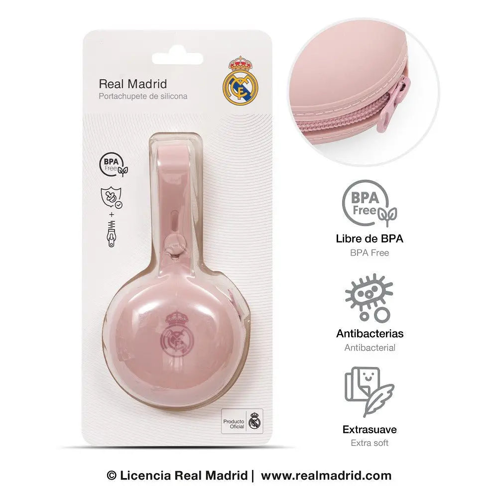 Rosa Schnullerhalter aus Silikon Real Madrid BPA-frei antibakteriell mit Verpackung