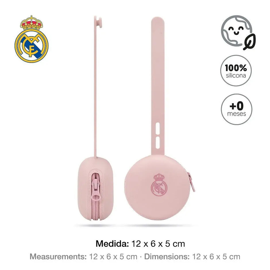Rosa Schnullerhalter aus Silikon Real Madrid BPA-frei Maße 12 x 6 x 5 cm