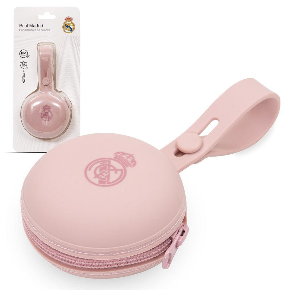 Real Madrid Schnullerhalter aus Silikon rosa mit Verpackung