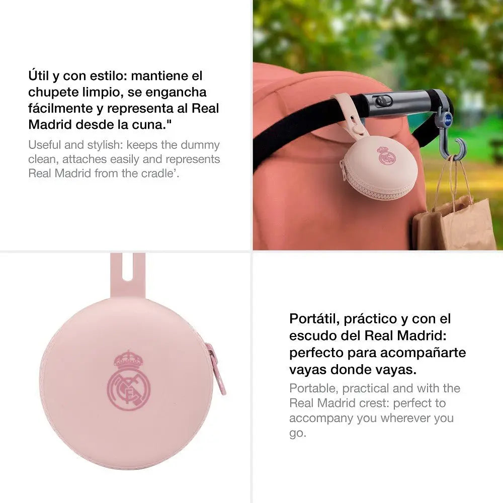 Rosa Schnullerhalter aus Silikon Real Madrid am Kinderwagen befestigt BPA-frei