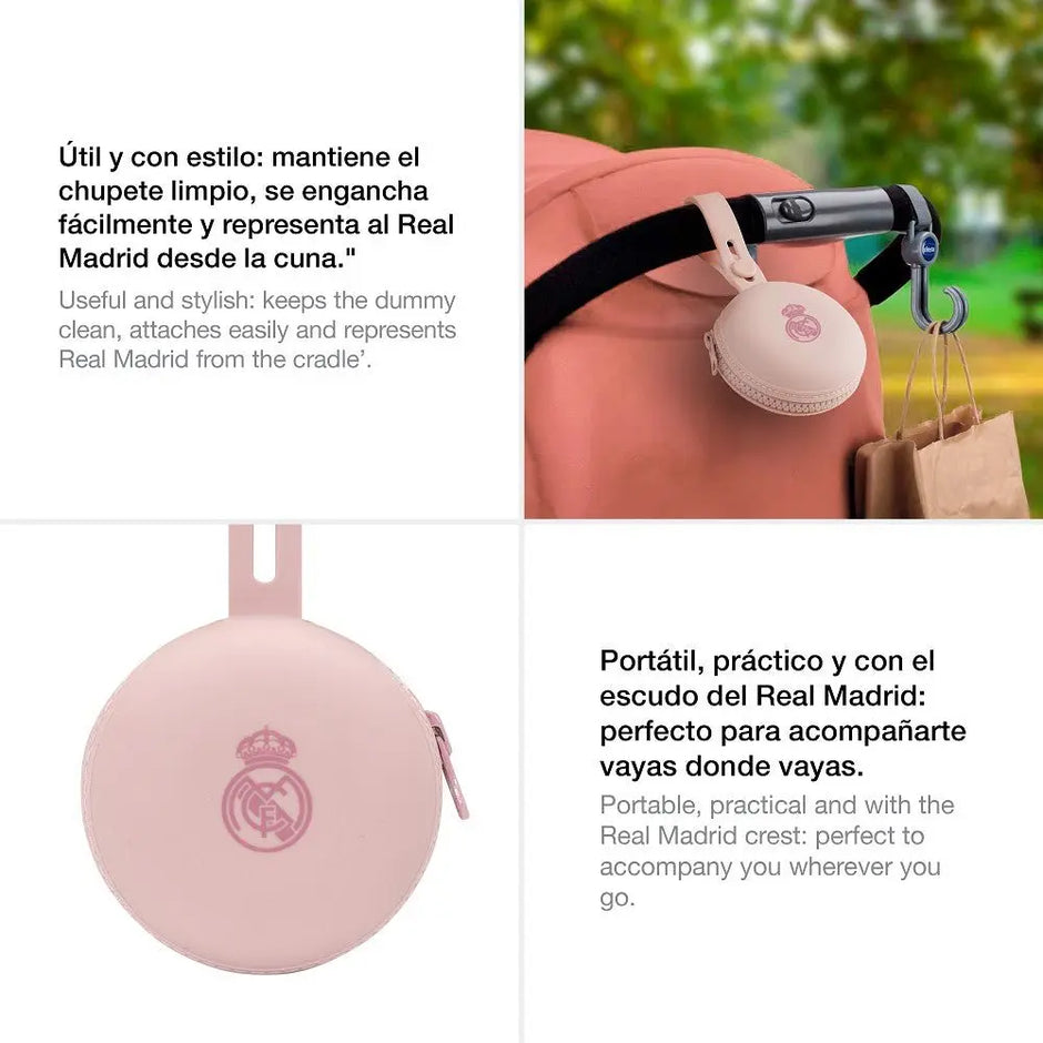 Rosa Schnullerhalter aus Silikon Real Madrid am Kinderwagen befestigt BPA-frei