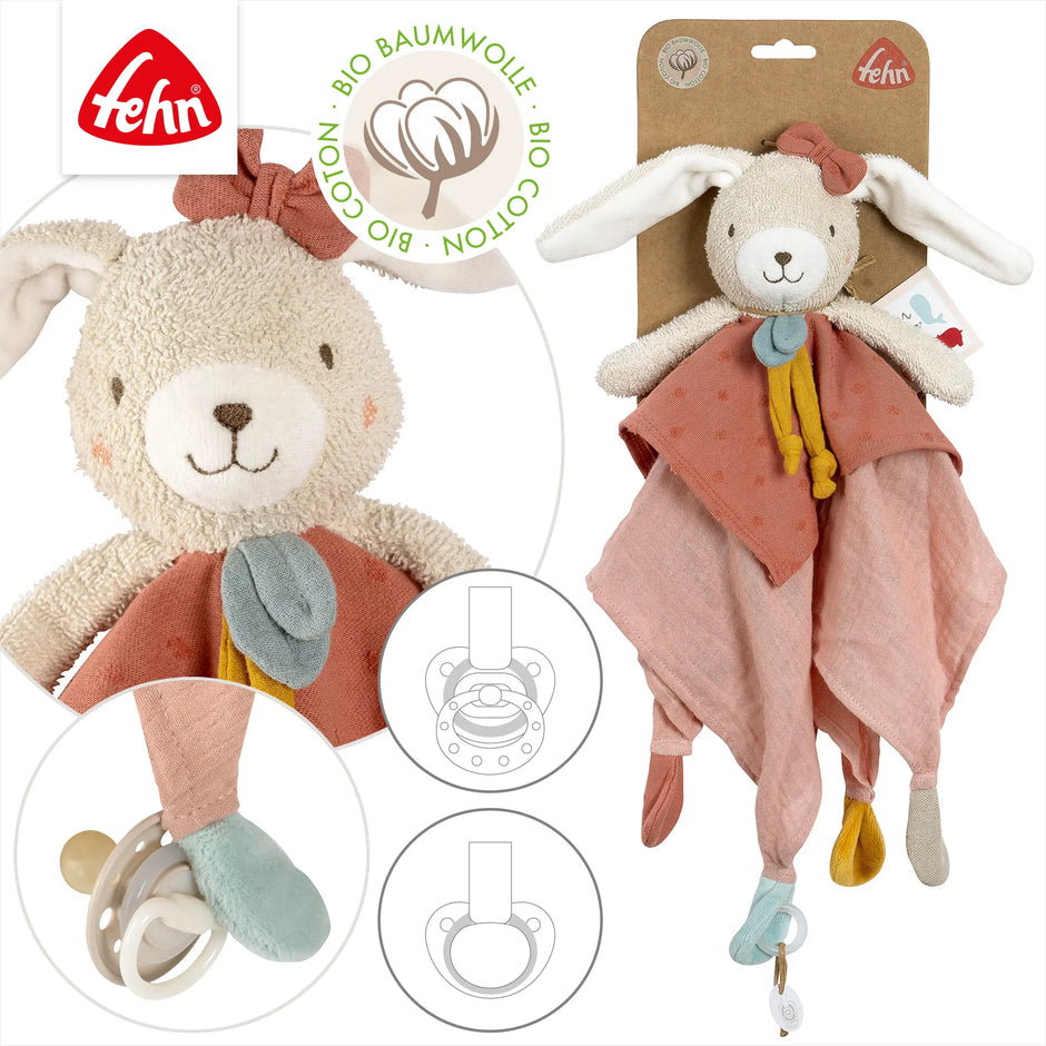 Baby Schmusetuch Hase rosa aus Bio-Baumwolle – Verpackung mit Details und Schnullerhalter, kuscheliges Schnuffeltuch für Babys