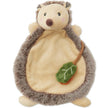 Schmusetuch in Igel-Form aus weichem Plüsch, braun-beige mit flauschigem Rand und angenähtem grünen Stoffblatt – ideal zum Kuscheln für Babys und Kleinkinder.