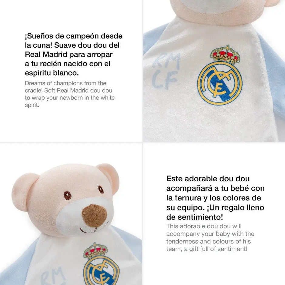 Schmusetuch Real Madrid Baby Kuscheltuch Bär Produktdetails weich blau weiß mit Vereinslogo Geschenkidee für Neugeborene