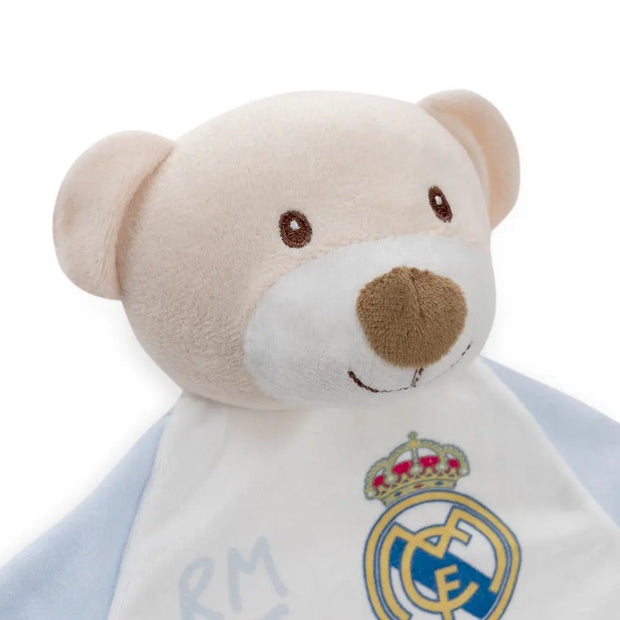 Schmusetuch Real Madrid Bär Detailansicht Baby Kuscheltuch blau weiß mit Vereinslogo weich und hochwertig