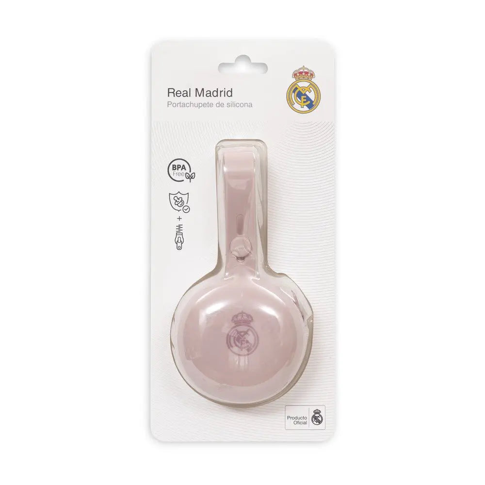 Rosa Schnullerhalter aus Silikon Real Madrid in Blisterverpackung BPA-frei