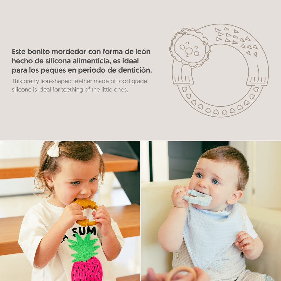 Silikon Beißring mit Löwenmotiv für Babys – Zahnungsspielzeug aus lebensmittelechtem Silikon, Anwendung bei Baby und Kleinkind