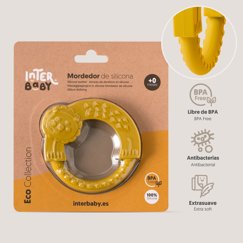 Gelber Silikon Beißring mit Löwenmotiv in Verpackung – BPA-freies Zahnungsspielzeug mit antibakteriellen Eigenschaften für Babys