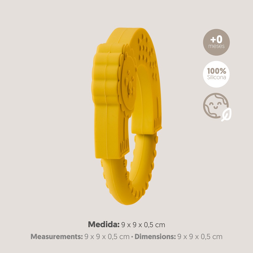 Gelber Silikon Beißring mit Löwenmotiv in Seitenansicht, Maße 9 x 9 x 0,5 cm – BPA-freies Zahnungsspielzeug für Babys